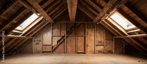 Brown truss with cracked wood seen in attic walls lined with OSB boards © AkuAku