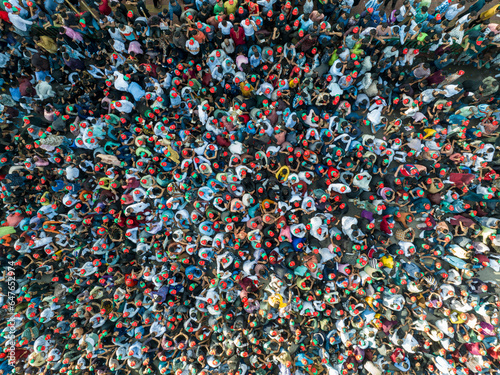 Aerial view of people doing massive political procession in Dhaka, Bangladesh. photo