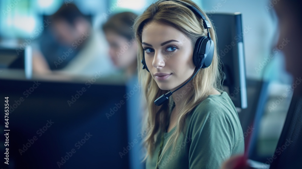 Customer service representative with curly hair talking through headset, Generative AI Illustration Customer service representative with curly hair talking through headset, Generative AI Illustration