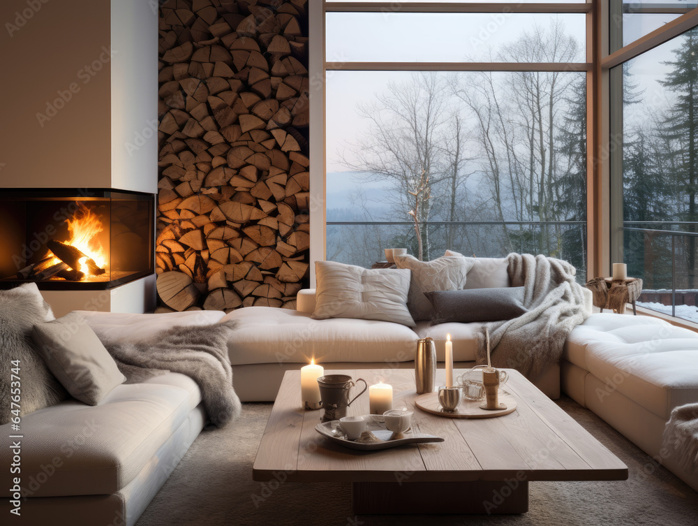 Fototapeta premium Cozy Living Room with a Crackling Fireplace and Wooden Logs