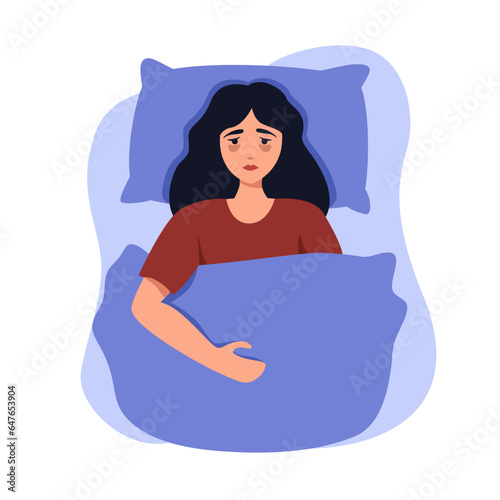 A woman lies in bed and cannot fall asleep. Mental disorder concept, depression, insomnia. Vector illustration