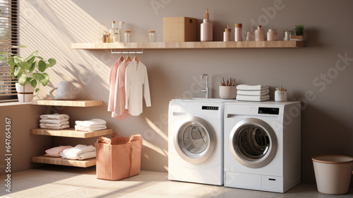 A modern washing machine and shelving unit are seen in a laundry room interior. A neutral color tone is used for the laundry room, and the lighting is bright and realistic. © ND STOCK