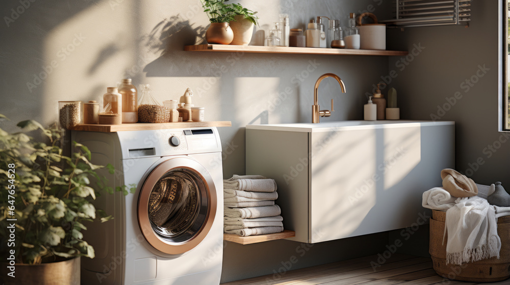 A modern washing machine and shelving unit are seen in a laundry room interior. A neutral color tone is used for the laundry room, and the lighting is bright and realistic. - obrazy, fototapety, plakaty 