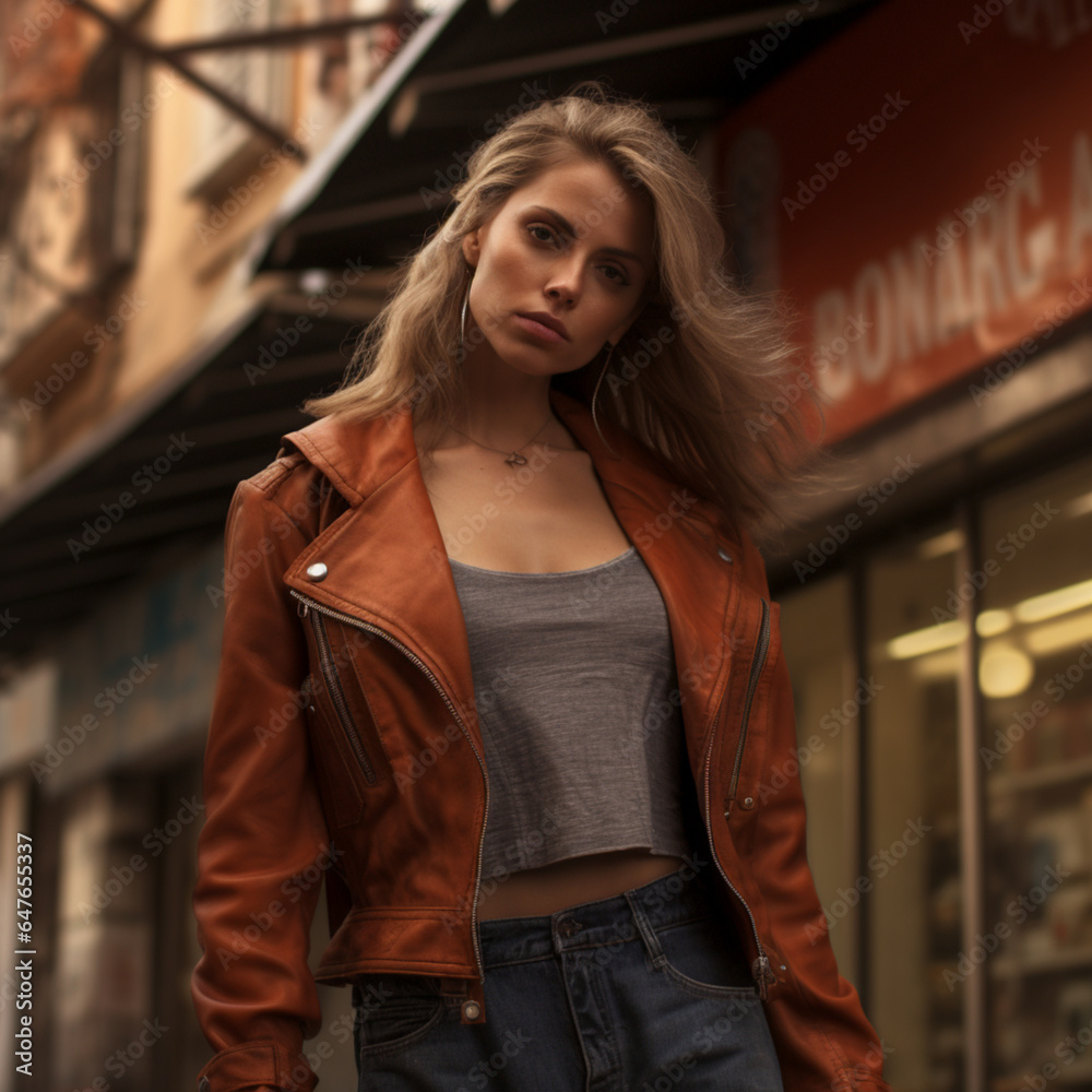 Fotografia de atractiva mujer posando con ropa casual, en calle de una ciudad