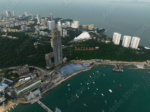 Aerial view of Pattaya city sign in port area of Pattaya, Thailand.