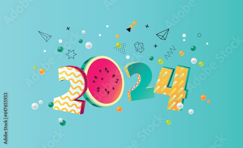 Happy new year 2024 holiday background with 3d numbers 2024 in juicy colors. Vector illustration