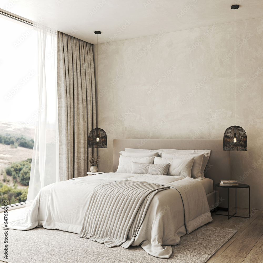 Fototapeta premium Home interior bedroom with bed and lamp. White bedding and black bedside table. Window with mountains nature view background. 3d rendering. High quality 3d illustration