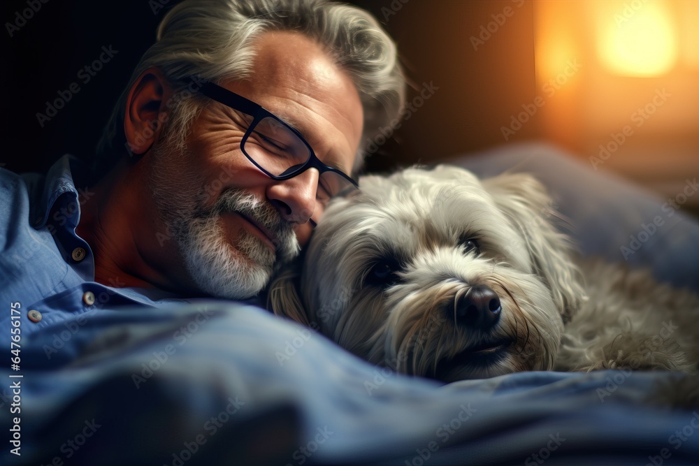 Senior Man with Dog Using Laptop in Cinematic Lighting. Generative AI Senior Man with Dog Using Laptop in Cinematic Lighting. Generative AI