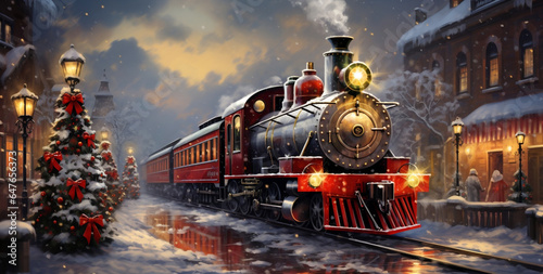 Festive Illuminated Christmas Train Glowing in Winter Wonderland