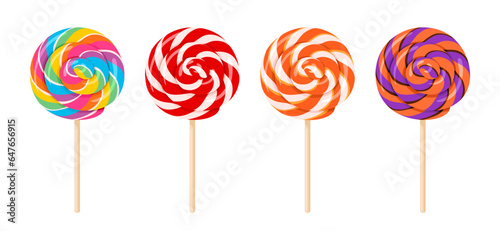 Set of colorful lollipops on wooden stick. Vector cartoon flat illustration of swirl round candy. Sweet food icons.