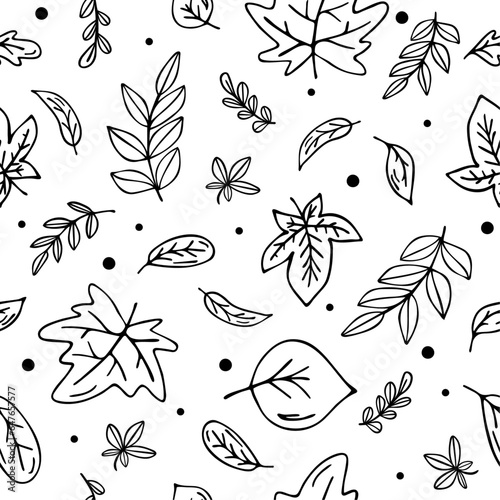 Autumn falling leaves pattern, hand drawn in sketched style, black and white vector illustrations.