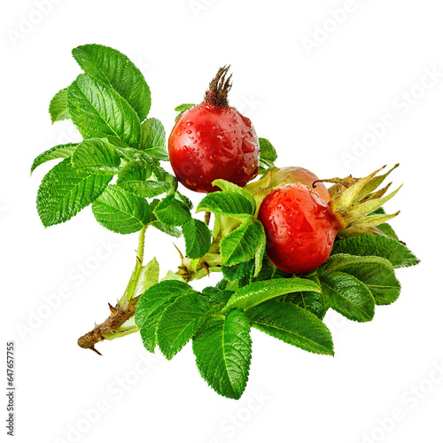 Rosehip branch with leaves and fruits, dog rose studio shot, isolated on a transparent background. European medicinal plants, beneficial vitamin tea drinks, a design element for dogrose labeling