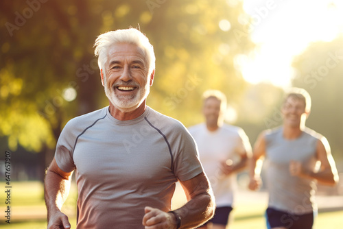 Fitness group of senior men running doing exercise, training in park on weekend. Blurred effect