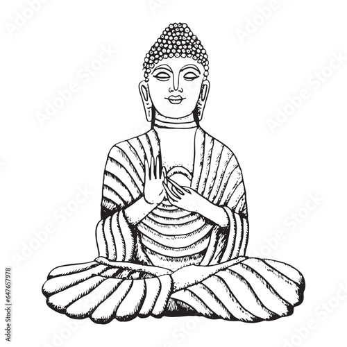 Vector Buddha stone statue hand drawn line art illustration. Meditation element for yoga and buddhism black and white