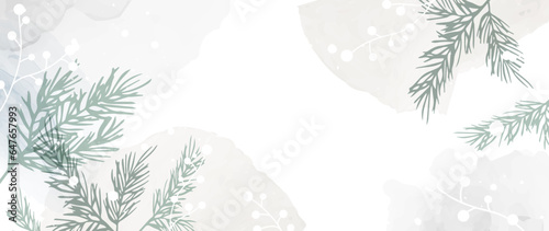Abstract art winter background vector. Luxury invitation card background with golden lines, botanical leaves, pine, fir, watercolor. Vector invitation design and vip cover template, wall decor.