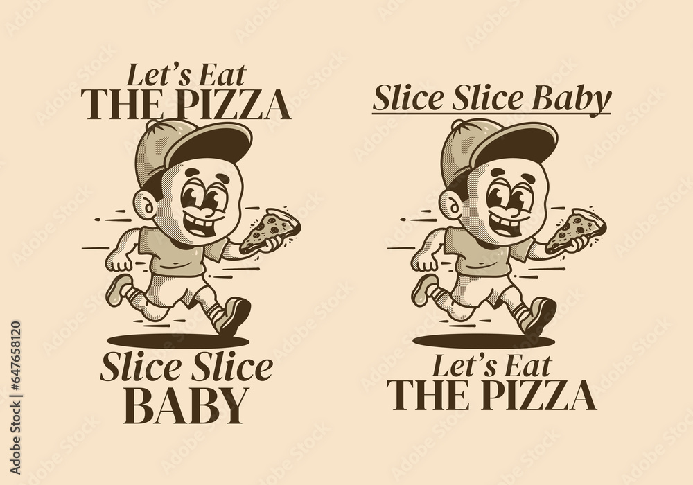 Let's eat the pizza, illustration of a little boy running and holding a slice of pizza