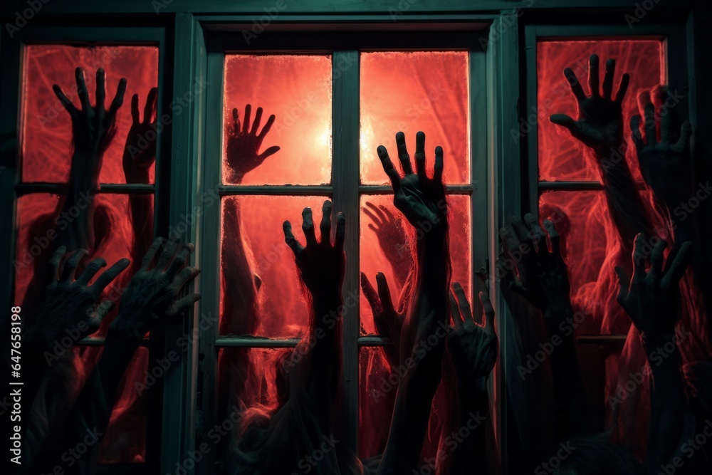 Spooky many zombie hands outside the window, red glowing light. Halloween or horror movie concept. - obrazy, fototapety, plakaty 