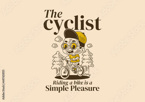 The cyclist, riding a bike is a simple pleasure. retro illustration of A boy riding bicycle, pine trees