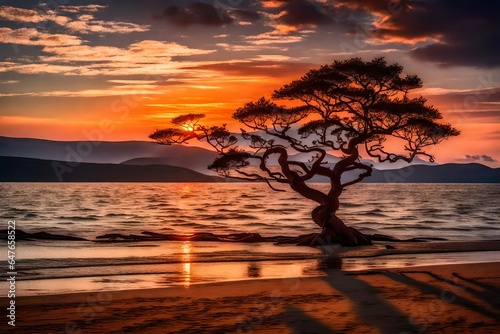 The sun dipped below the horizon, casting a fiery glow across the tranquil sea, a lone tree stood sentinel on the shore. its branches reaching for the fading light