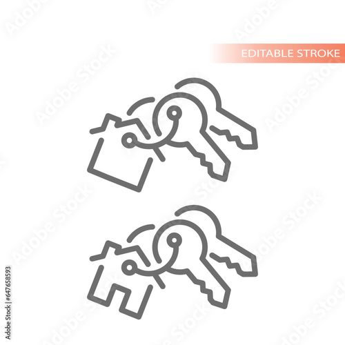 House key set line vector icon. Keys with keyring and home charm outline.