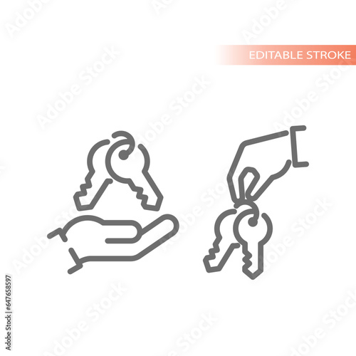 Hand holding keys on keychain line vector icon. Buying a house, real estate keyring symbol.