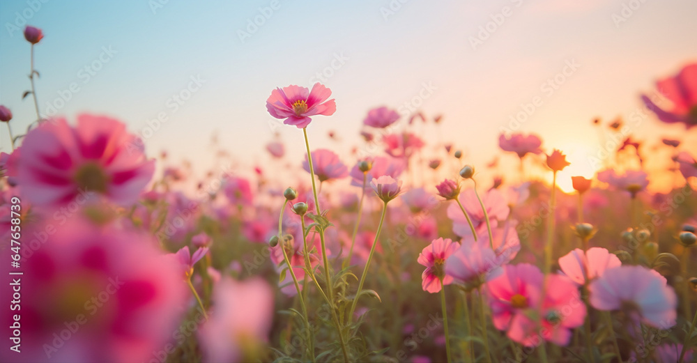pink field blooming flower meadow violet sunlight sunset beautiful nature background. Generative AI.