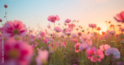pink field blooming flower meadow violet sunlight sunset beautiful nature background. Generative AI. © VICHIZH
