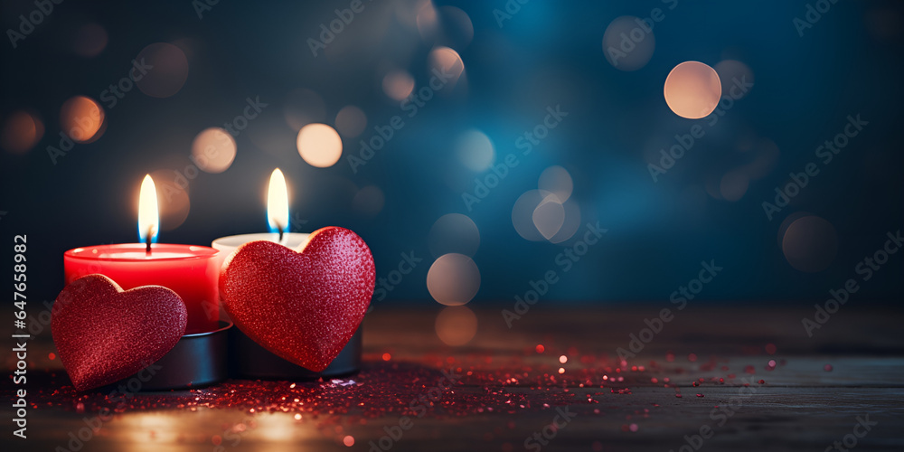 Romantic candles on wooden background, love concept,Valentine's day romantic background with hearts and candles. holiday background with hearts. celebrating weddings  - obrazy, fototapety, plakaty 