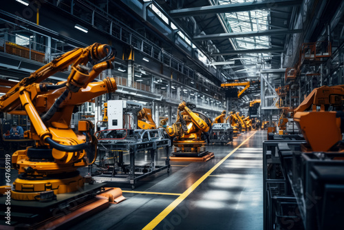 A chaotic factory floor showing malfunctioning robotic machines with an industrial backdrop providing empty space for text 