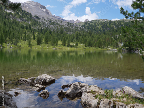 Le Vert Lake near the Lavarella Hut in the Greenery of the Fanes - Sennes - Braies Nature Park, Alpi Mountains, Italy