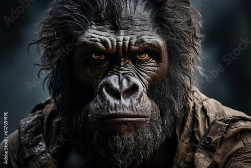 A close-up photo of a fierce and intense gorilla staring into the distance background with empty space for text 