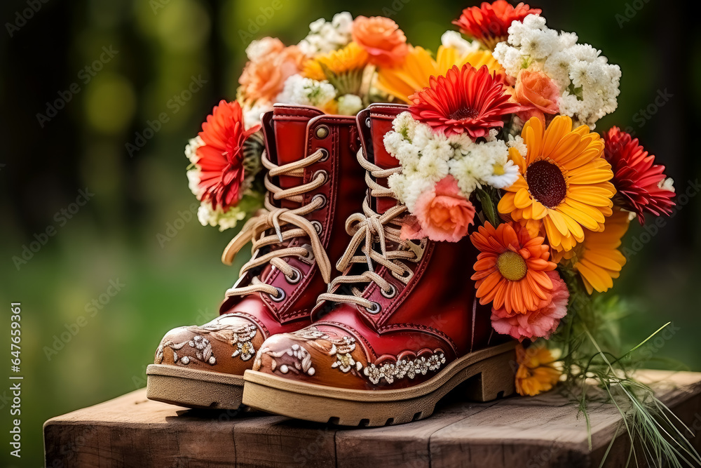 Bouquet of flowers inside of brown red boots surrounded by flowers. 
