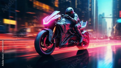 Cyberpunk Motorbike Driver Blurred Neon City Background