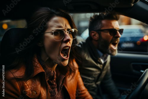 A woman and a man glaring at each other from their car windows in a heated traffic altercation  © fotogurmespb