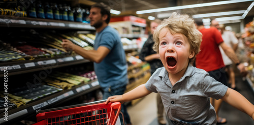A young child throws a tantrum in a supermarket aisle causing chaos and frustration for their exhausted parent