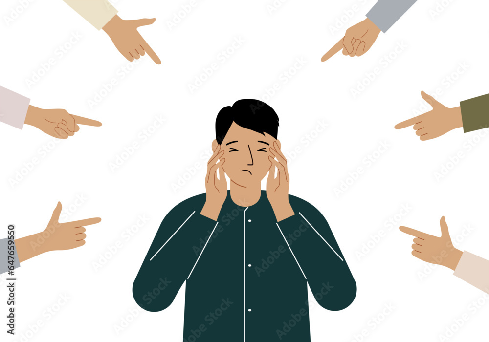The concept of public condemnation, victim blaming and bullying. Crying depressed man. The fingers point at the character and hate him. Internet cyberbullying.