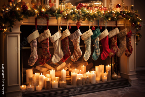 Festive vintage stockings hanging by fireplace