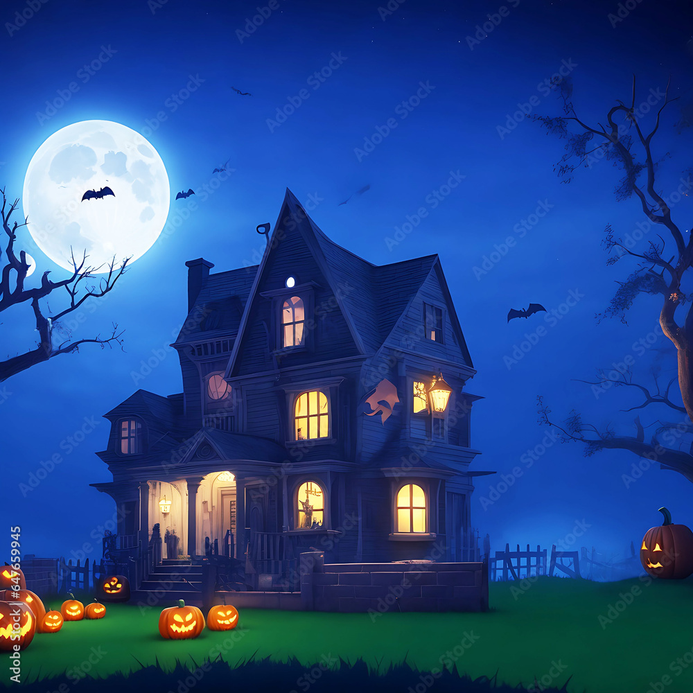Pumpkins In Graveyard In The Spooky Night - Halloween Backdrop 