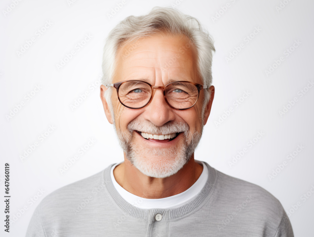 A close-up photo portrait of a handsome old man with glasses smiling and displaying clean teeth. Generative AI A close-up photo portrait of a handsome old man with glasses smiling and displaying clean teeth. Generative AI