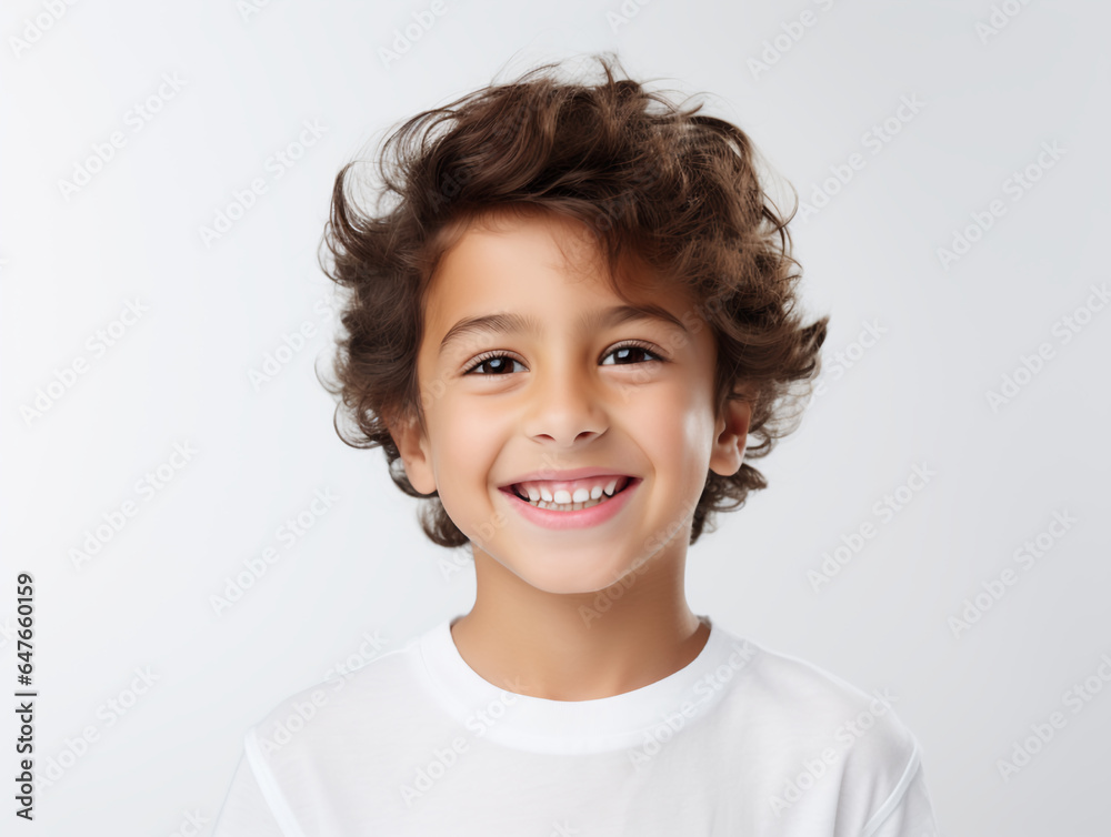 A close-up photo portrait of a smiling little boy, generated by AI A close-up photo portrait of a smiling little boy, generated by AI