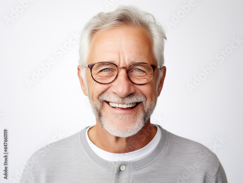 A close-up photo portrait of a handsome old man with glasses smiling and displaying clean teeth. Generative AI