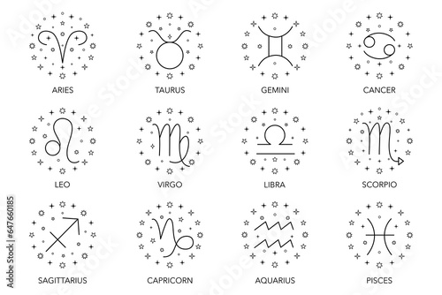 Collection of symbols of zodiac sign on white background. photo