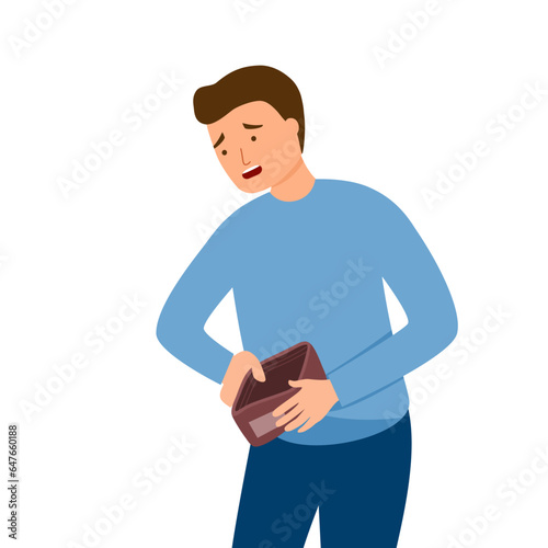 Unhappy sad poor man holding open empty wallet with no pocket money. Financial recession or jobless person. No budget.
