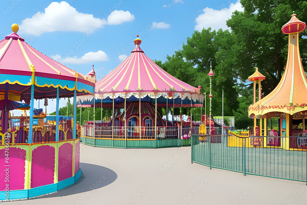 Amusement park with carousels and attractions for children. Panoramic blue sky view vacation park