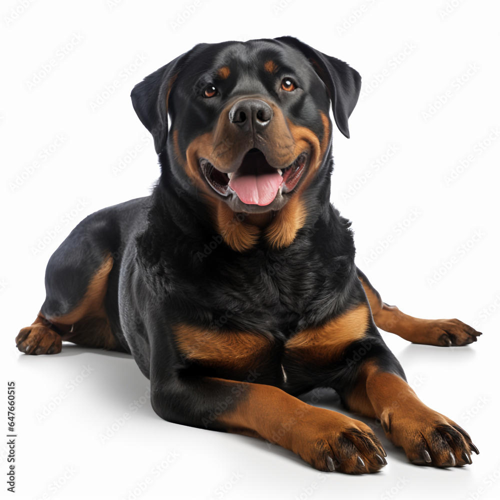 A sitting Rottweiler isolated on white background