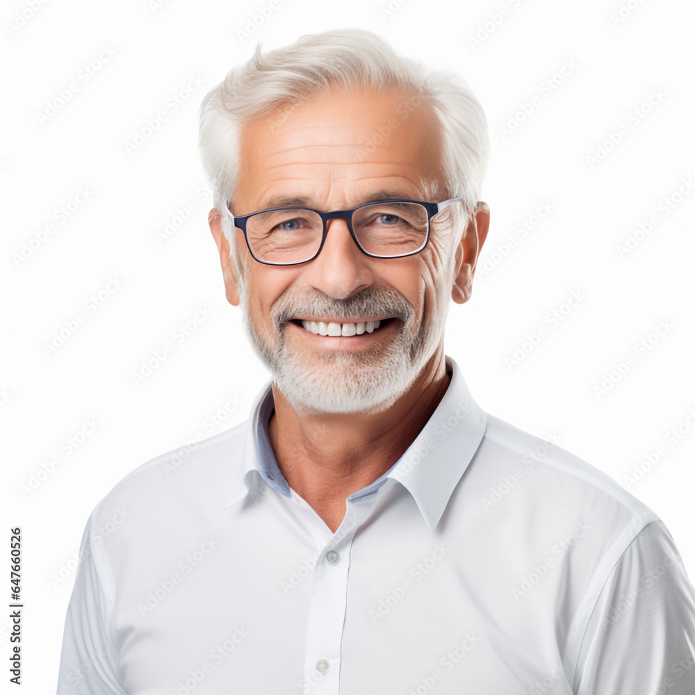 A close-up photo portrait of a handsome old man, smiling and displaying clean teeth. Generative AI