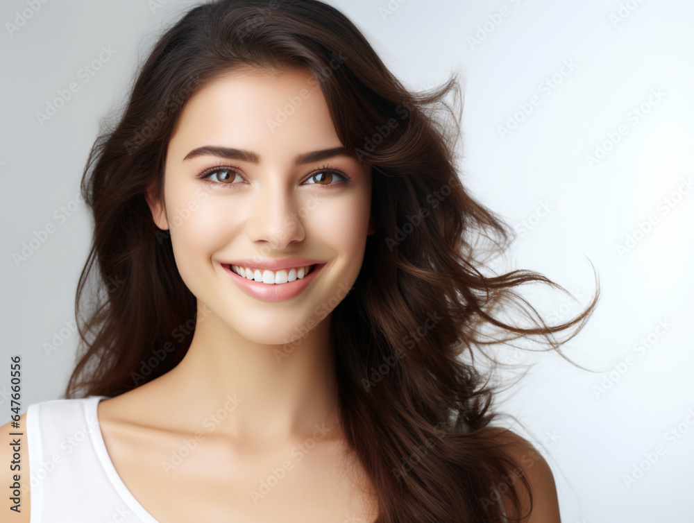 Obraz premium a closeup photo portrait of a beutiful young woman with long hair smiling with clean teeth. Generative AI