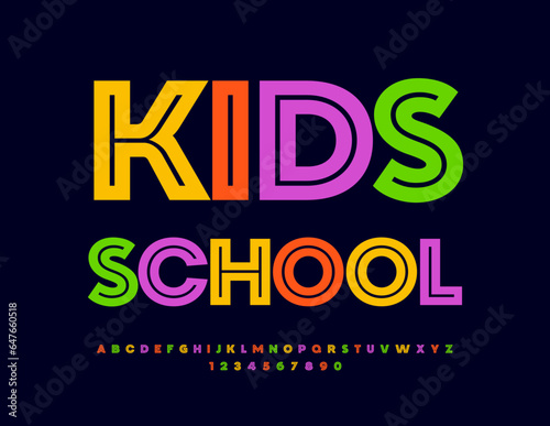 Vector creative sign Kids School. Bright colorful Font. Modern Alphabet Letters and Numbers