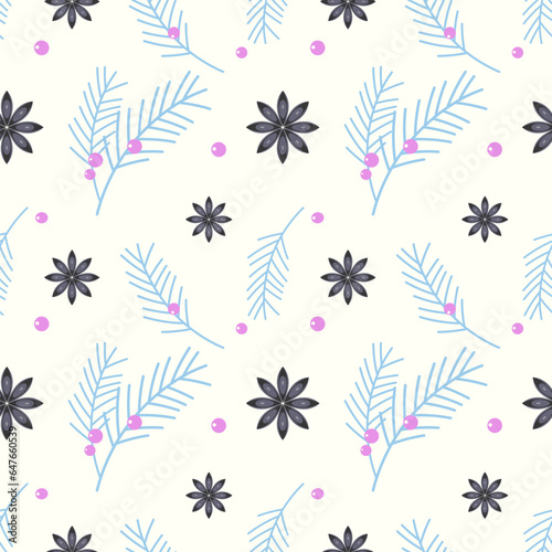 Winter pattern with star anise, branch juniper berry.