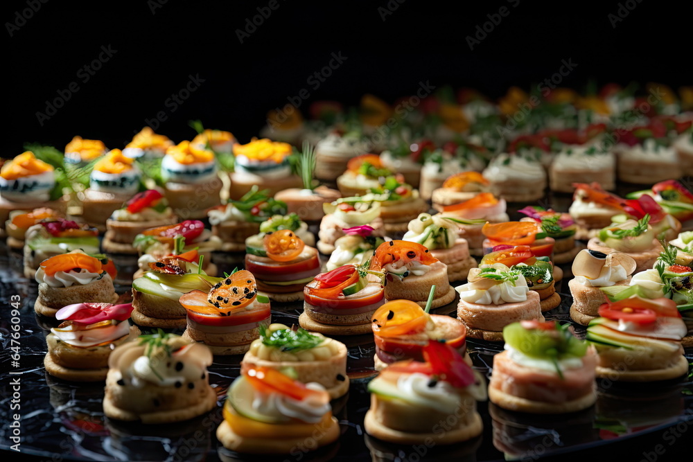 buffet food, catering food party at restaurant, mini canapes, snacks and appetizers